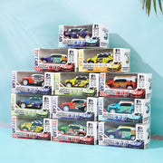 Stack of toy car boxes with colorful toy cars on a light blue background
