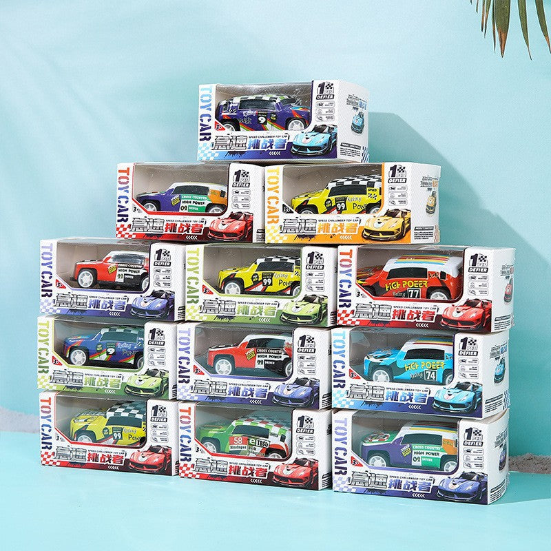Stack of toy car boxes with colorful toy cars on a light blue background