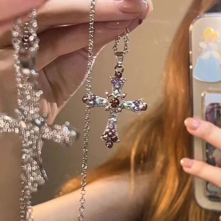 Gothic Y2K Rhinestone Cross Pendant Necklace Vintage Punk Jewelry