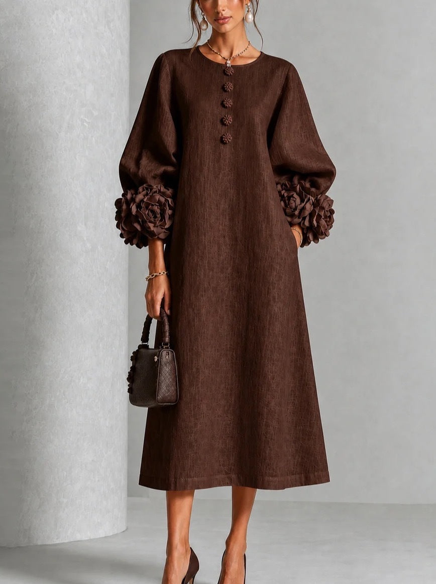 French-Style Flower Lantern Sleeve Cotton Linen Mid-Length Dress