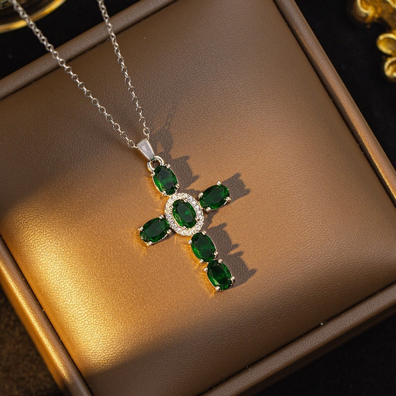 European And American Style Fashionable Colorful Zircon Cross Necklace For Women, Luxurious Look