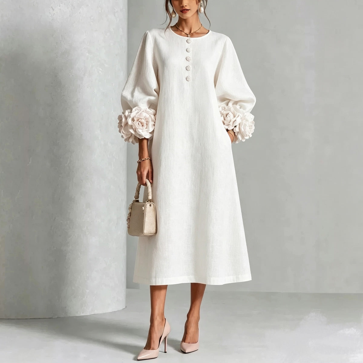 French-Style Flower Lantern Sleeve Cotton Linen Mid-Length Dress