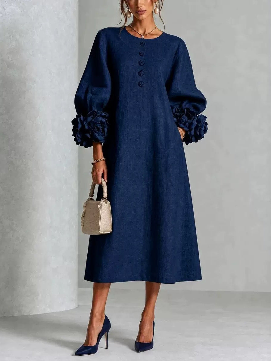 French-Style Flower Lantern Sleeve Cotton Linen Mid-Length Dress
