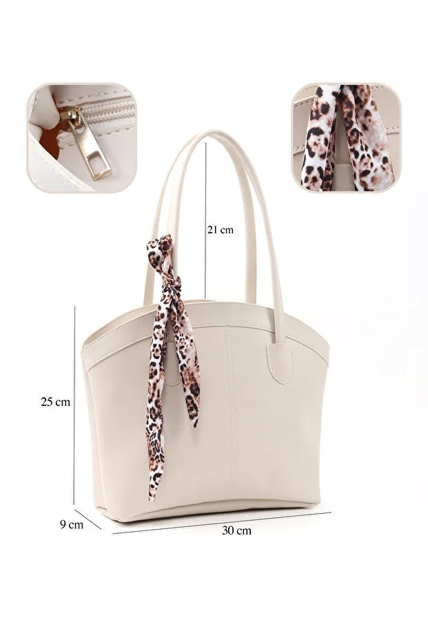 White Faux Leather Zippered Shoulder Bag with Scarf Gift for Women