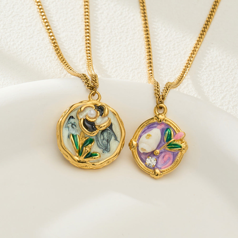 Retro Romantic Enamel-Painted Oil-Style Floral Necklace For Women