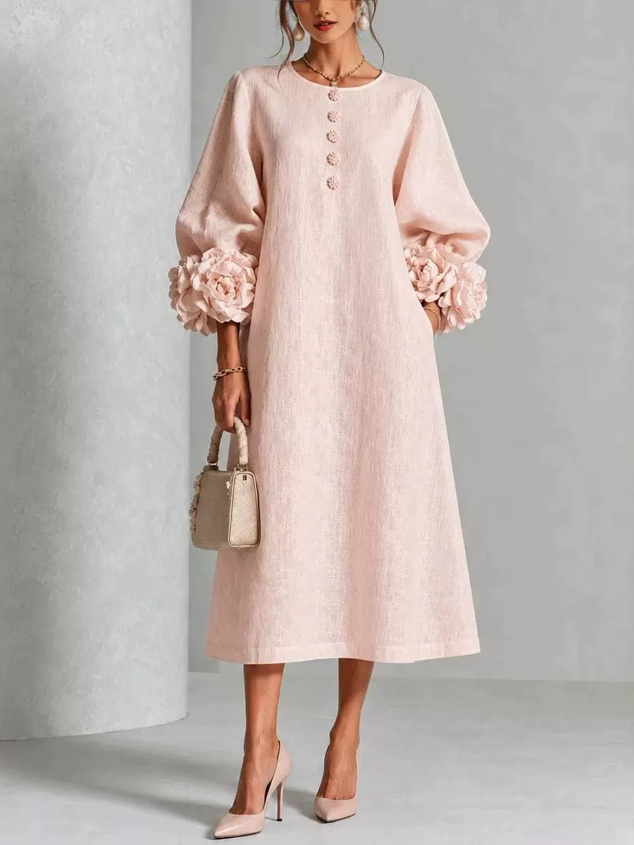 French-Style Flower Lantern Sleeve Cotton Linen Mid-Length Dress
