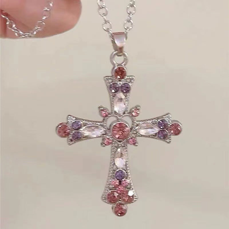 Gothic Y2K Rhinestone Cross Pendant Necklace Vintage Punk Jewelry