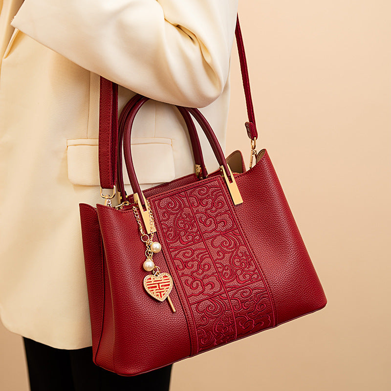 Embroidered Red High-Capacity Tote Bag Large Festive Shoulder Bag