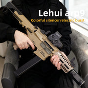 A person in a black jacket holds a tan and black replica rifle toy with a magazine and mounted optic, seated in a gray chair. White and yellow text reads 'Lehui arp9' and 'Colorful silencer/electric burst'.