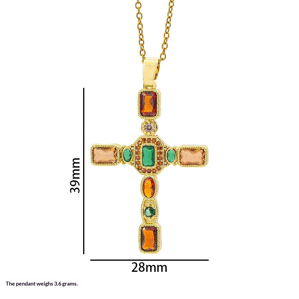 European And American Style Fashionable Colorful Zircon Cross Necklace For Women, Luxurious Look