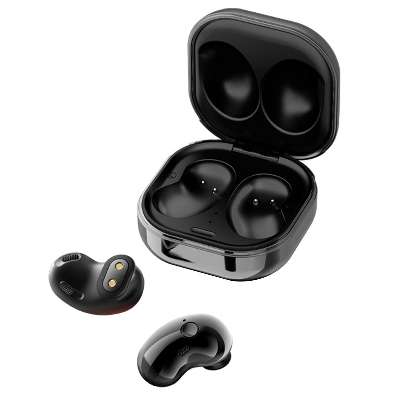 Black wireless earbuds with charging case on a white background