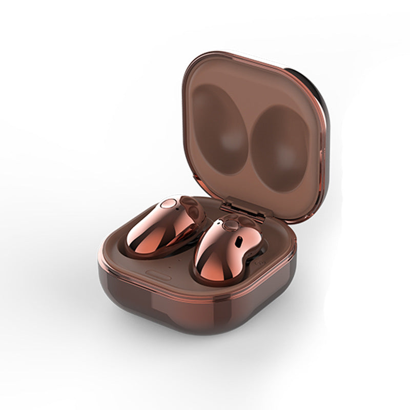 Rose gold wireless earbuds in a transparent charging case on a white background