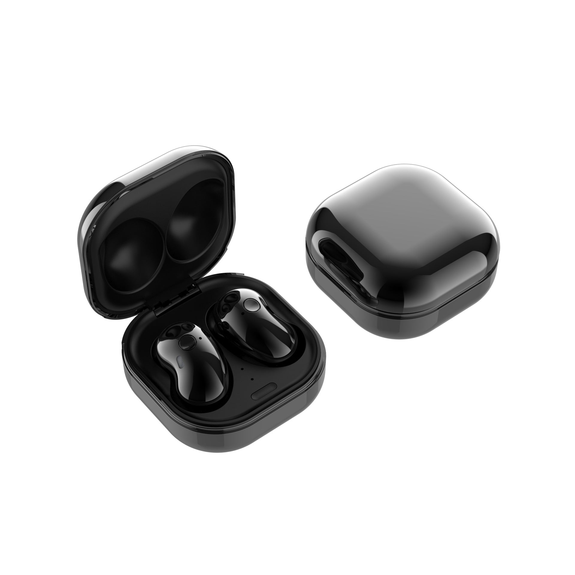 Black wireless earbuds with charging case on a white background