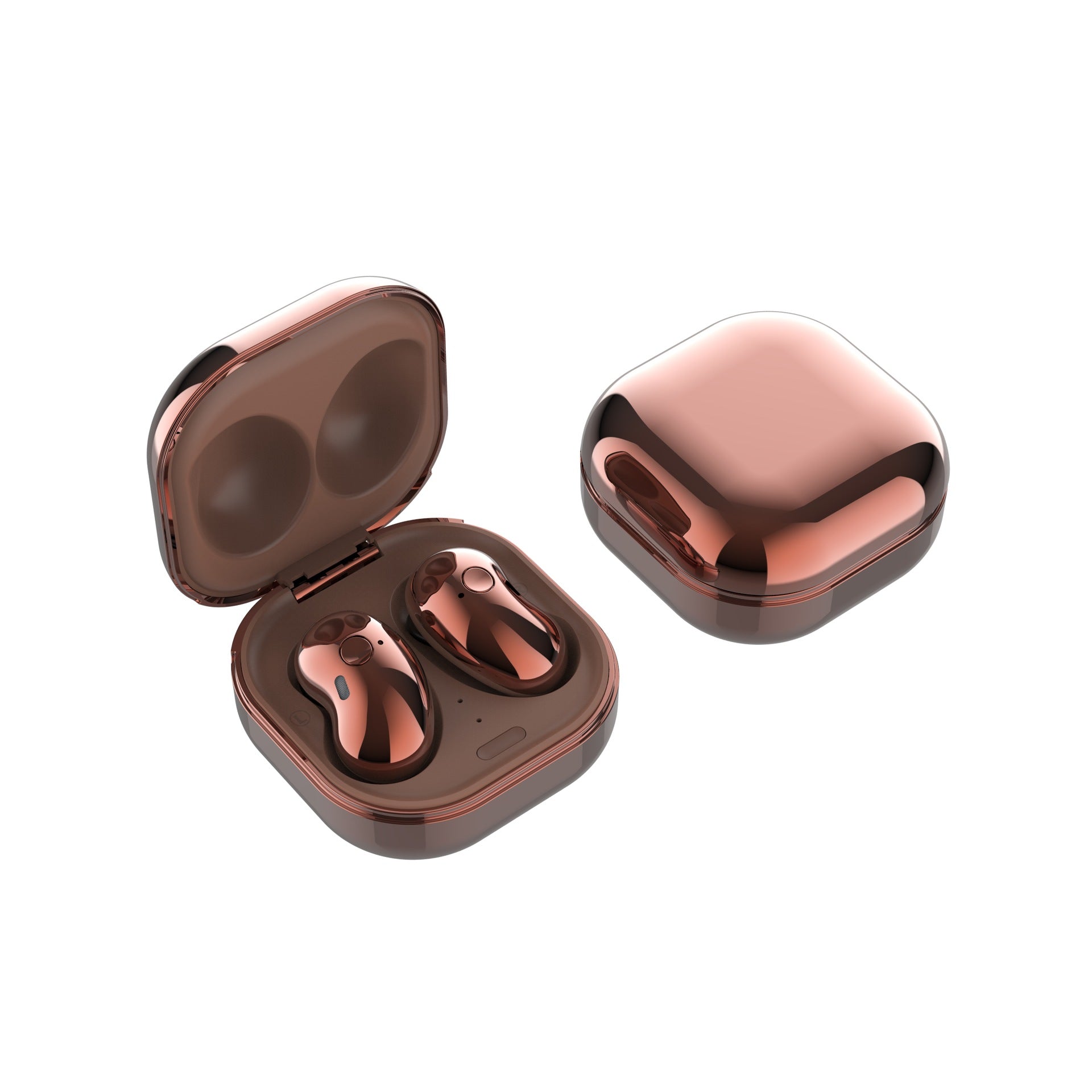 Rose gold wireless earbuds with charging case on a white background