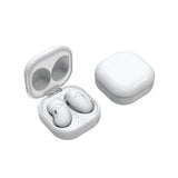 White wireless earbuds with charging case on a white background