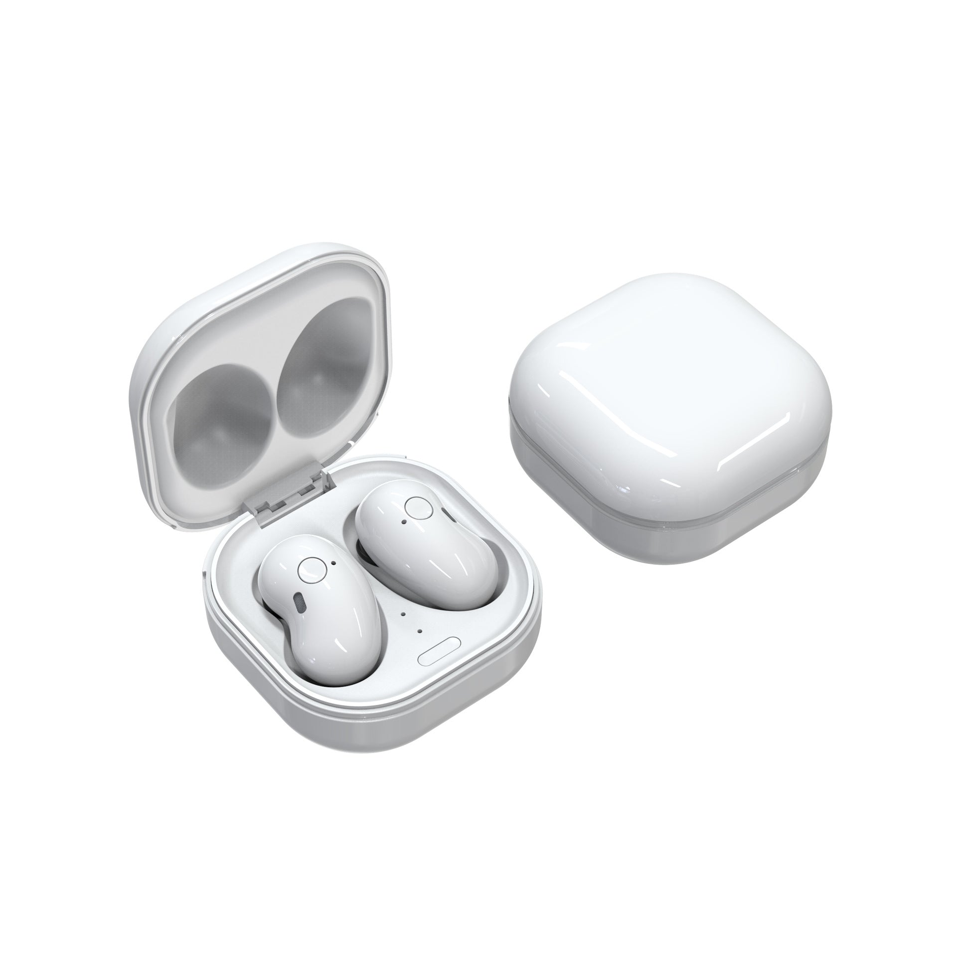 White wireless earbuds with charging case on a white background