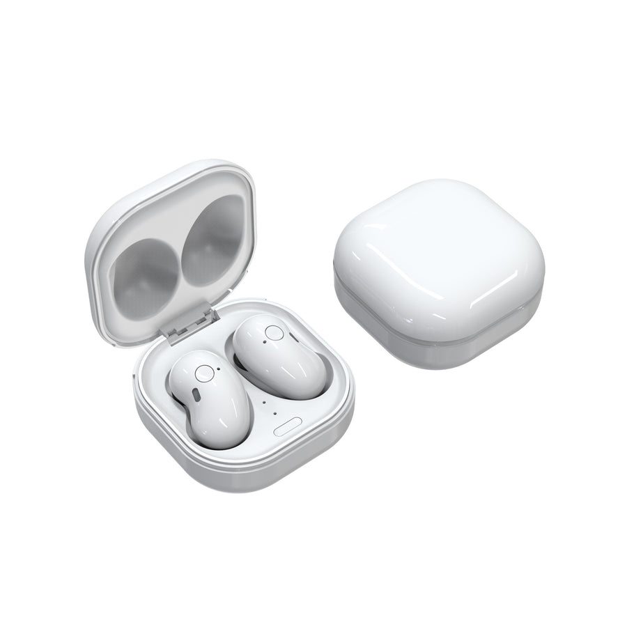 White wireless earbuds with charging case on a white background