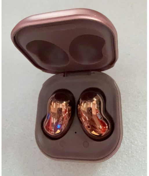 Rose gold wireless earbuds in a matching case on a light gray background