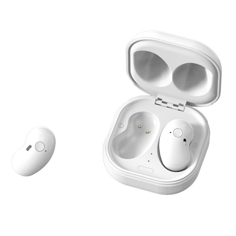 White wireless earbuds with charging case on a white background