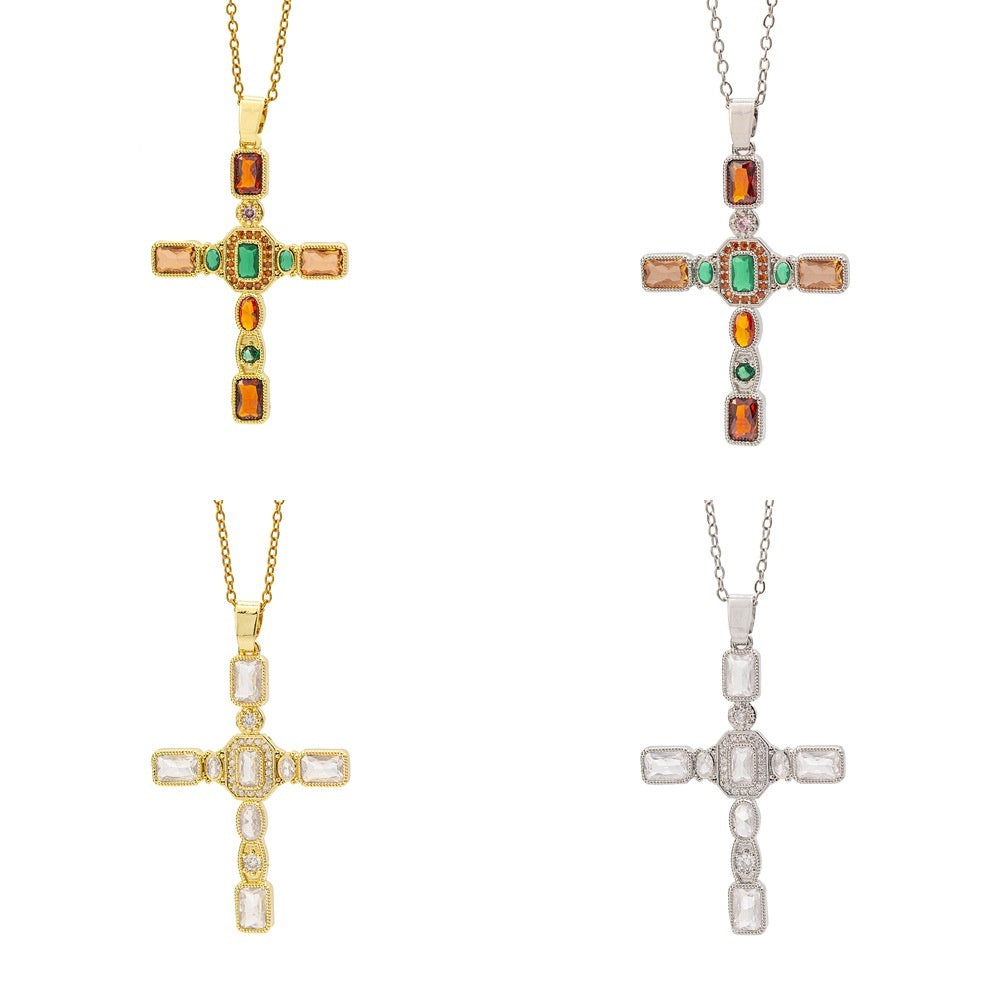 European And American Style Fashionable Colorful Zircon Cross Necklace For Women, Luxurious Look