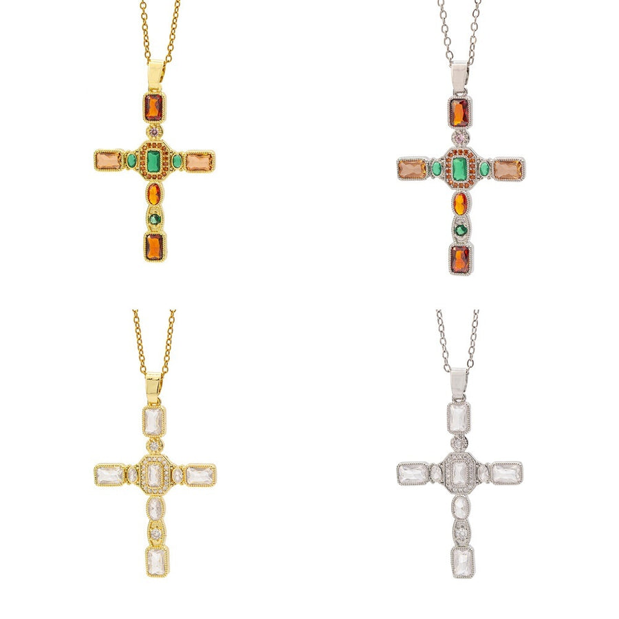 European And American Style Fashionable Colorful Zircon Cross Necklace For Women, Luxurious Look
