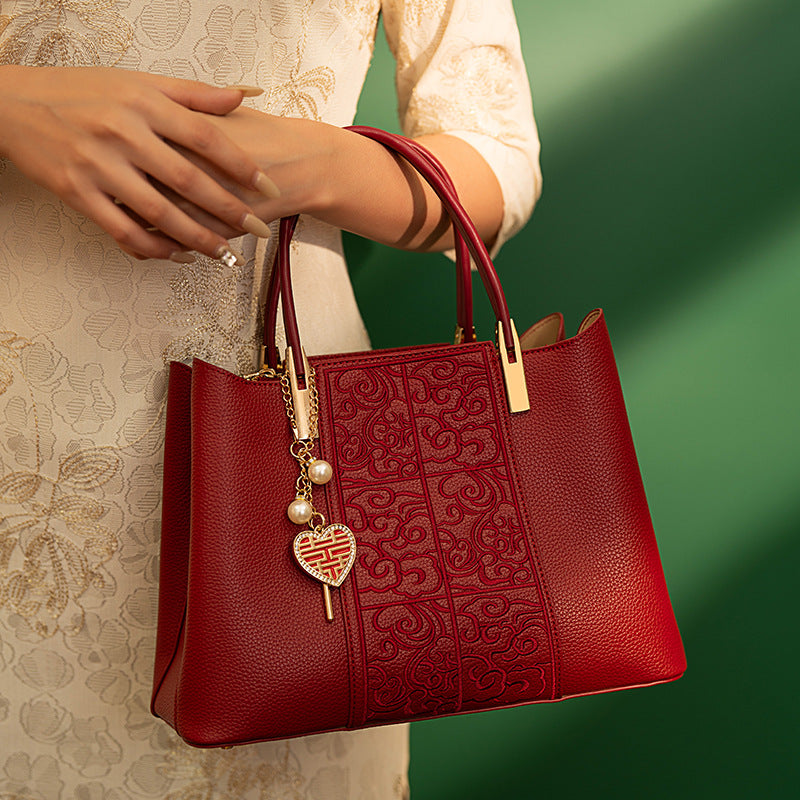 Embroidered Red High-Capacity Tote Bag Large Festive Shoulder Bag