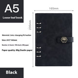 Black loose-leaf book with dimensions and material details on a white background