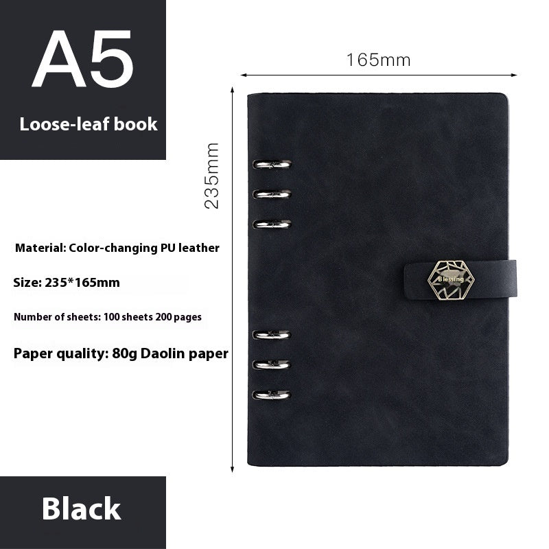 Black loose-leaf book with dimensions and material details on a white background