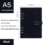 Black loose-leaf book with dimensions and material details on a white background