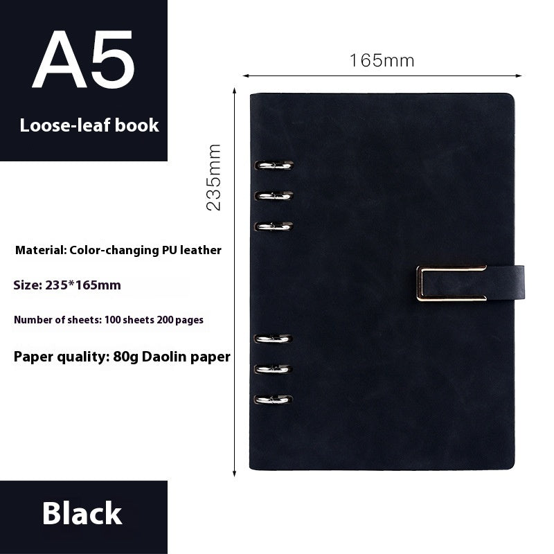 Black loose-leaf book with dimensions and material details on a white background