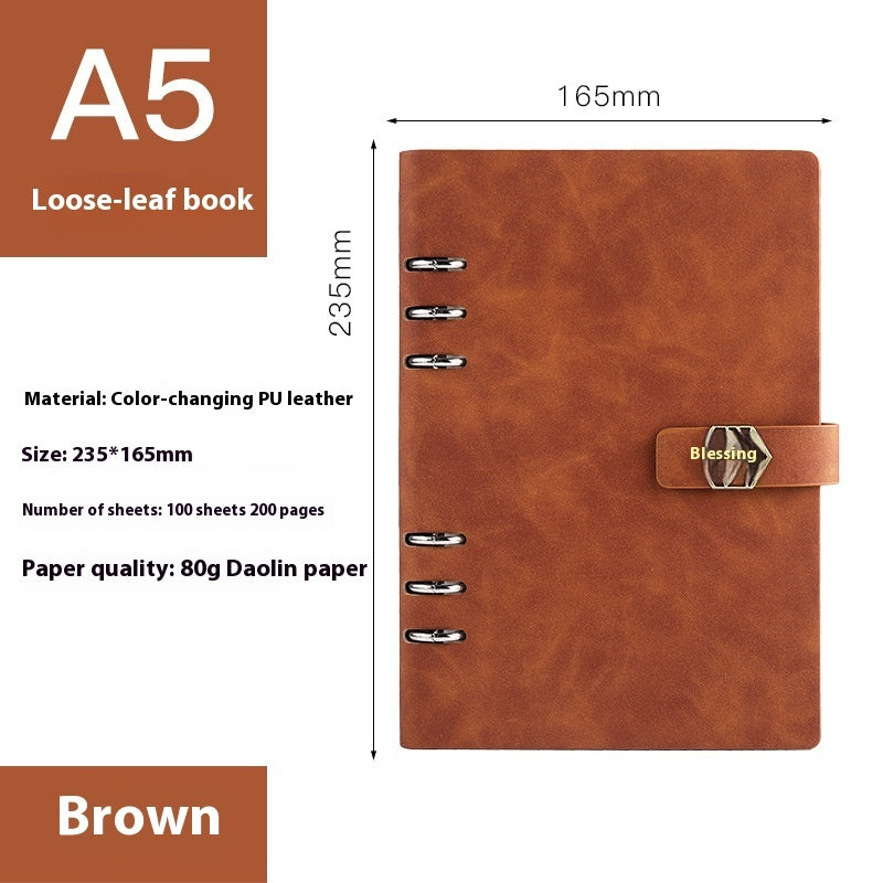 Brown A5 loose-leaf book with dimensions and material details on a white background