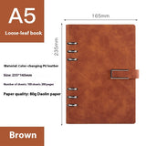 Brown A5 loose-leaf book with dimensions and material details on a white background