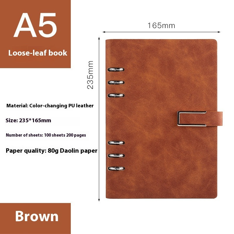 Brown A5 loose-leaf book with dimensions and material details on a white background