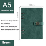 Green loose-leaf book with dimensions and material details on a white background