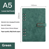 Green loose-leaf book with dimensions and material details on a white background