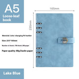 Lake blue loose-leaf notebook with dimensions and material details on a white background