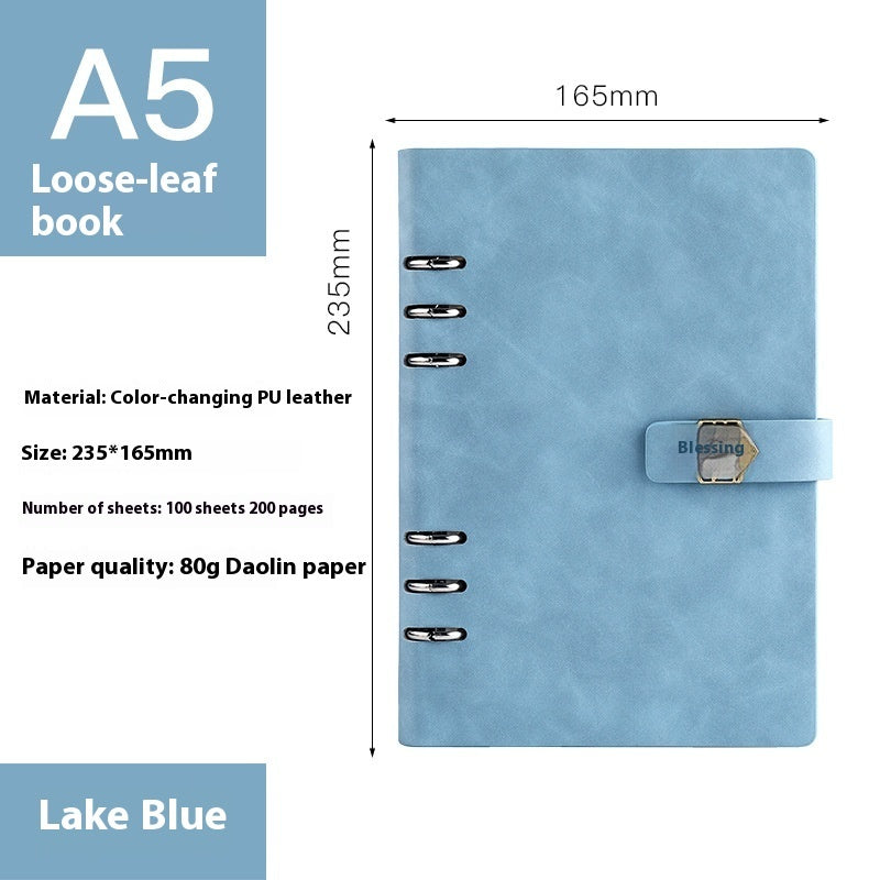 Lake blue loose-leaf notebook with dimensions and material details on a white background