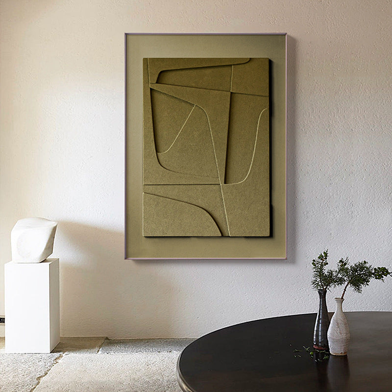 Abstract art piece on a wall in a minimalistic room with a table and vases.