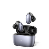 Wireless earbuds with charging case on a white background