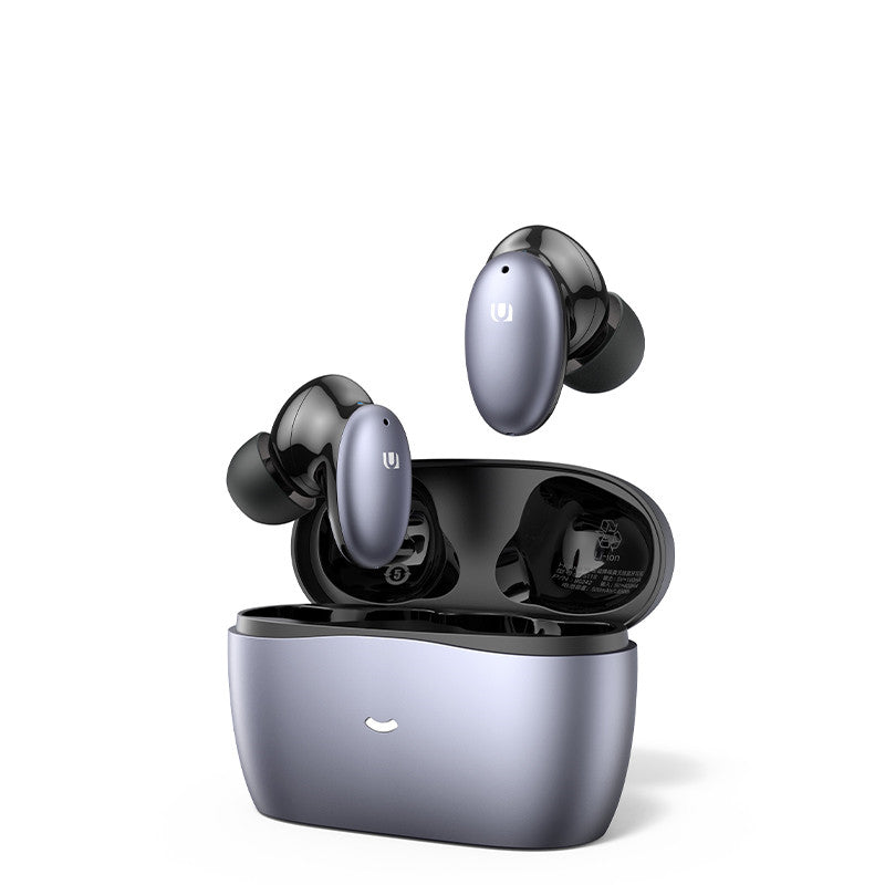 Wireless earbuds with charging case on a white background