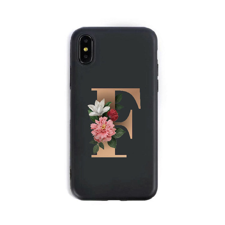 Phone case with floral letter 'F' design on a black background