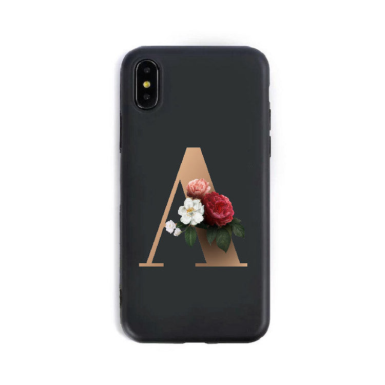 Phone case with floral letter 'A' design on a black background