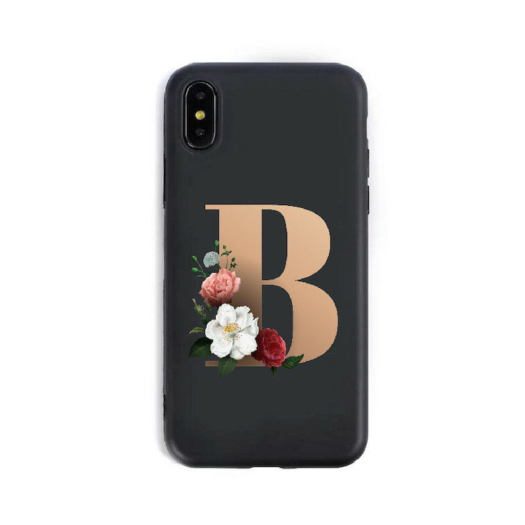 Phone case with letter 'B' and floral design on a black background