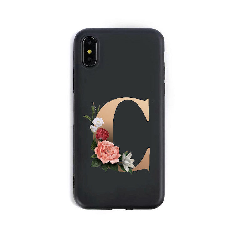Phone case with floral design and letter 'C' on a black background