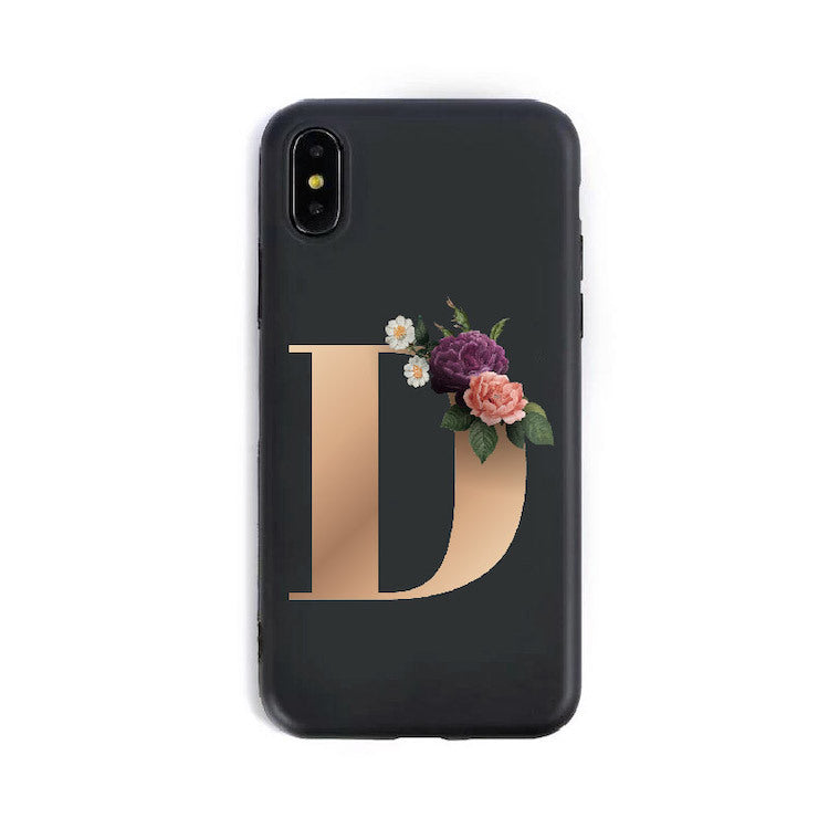 Phone case with a gold letter 'D' and floral design on a black background