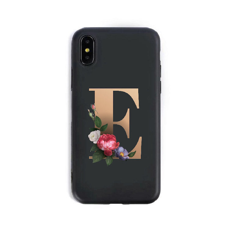 Phone case with letter 'E' and floral design on a black background