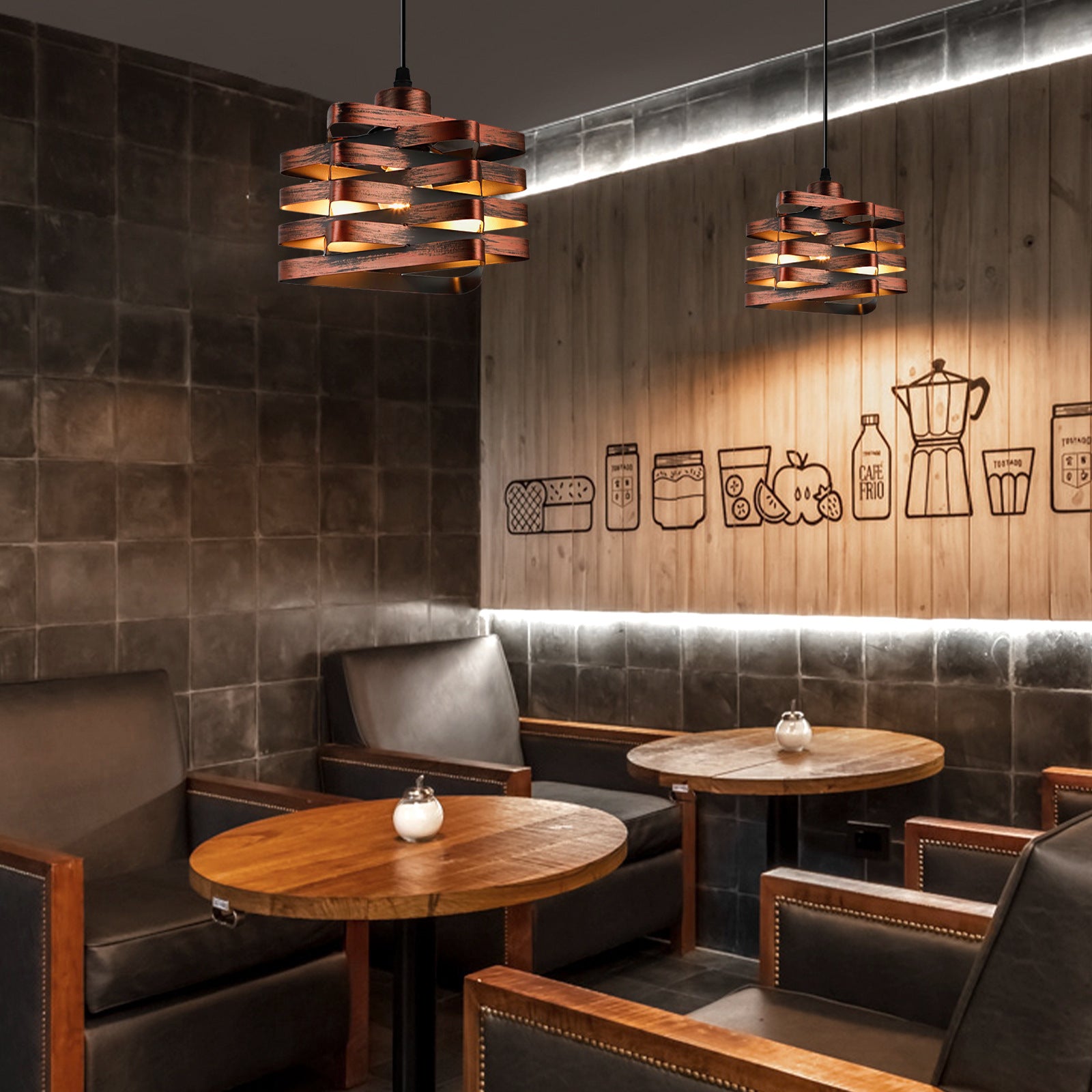 Cozy restaurant interior with wooden tables, chairs, and decorative wall art.