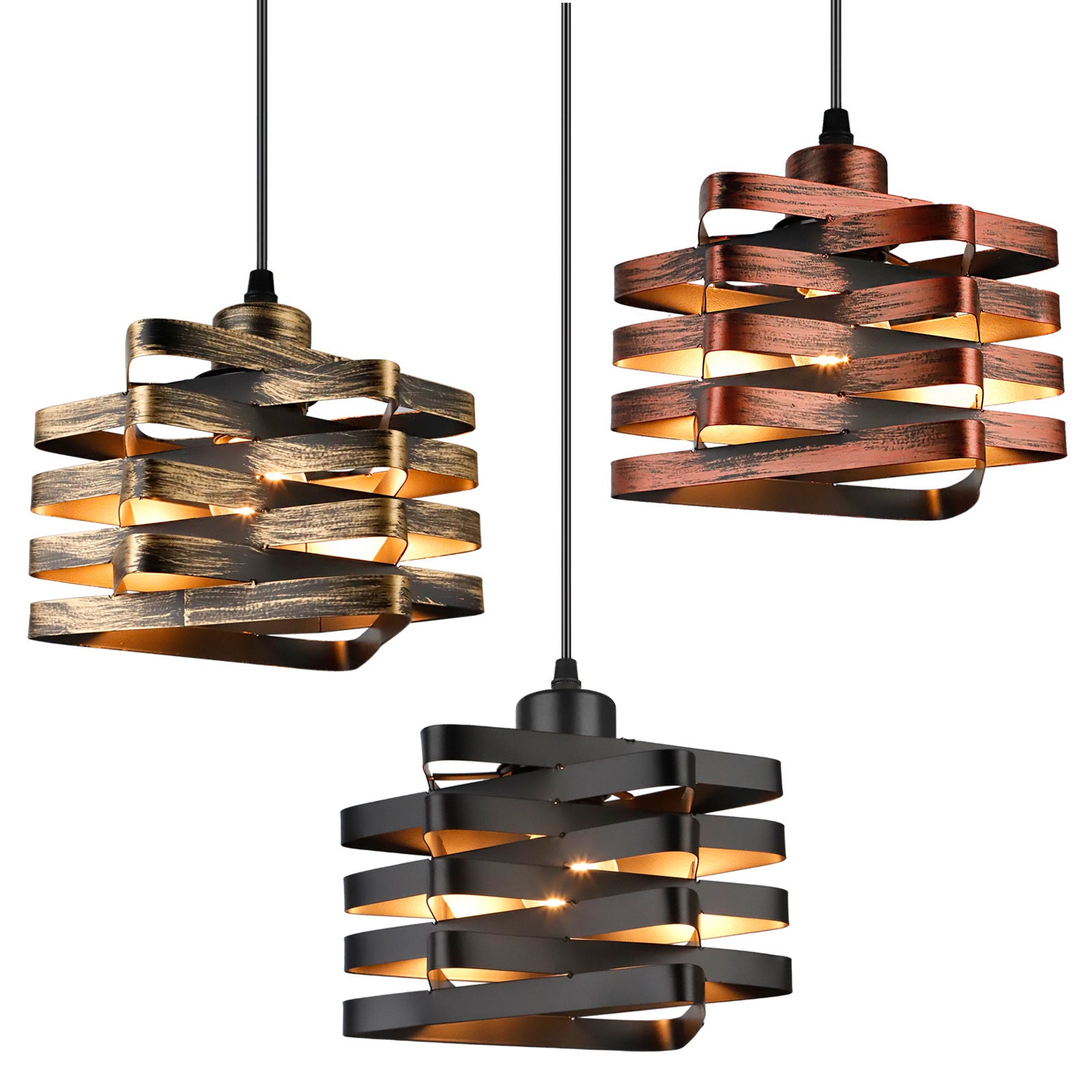 Three modern pendant lights with wavy design on a white background