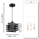 Black pendant light with dimensions and compatibility with different light bulbs on a white background
