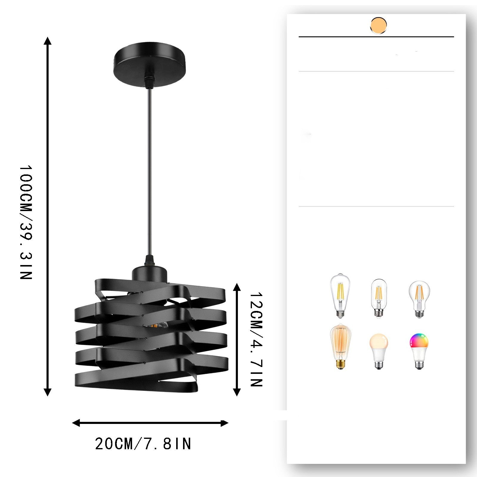 Black pendant light with dimensions and compatibility with different light bulbs on a white background